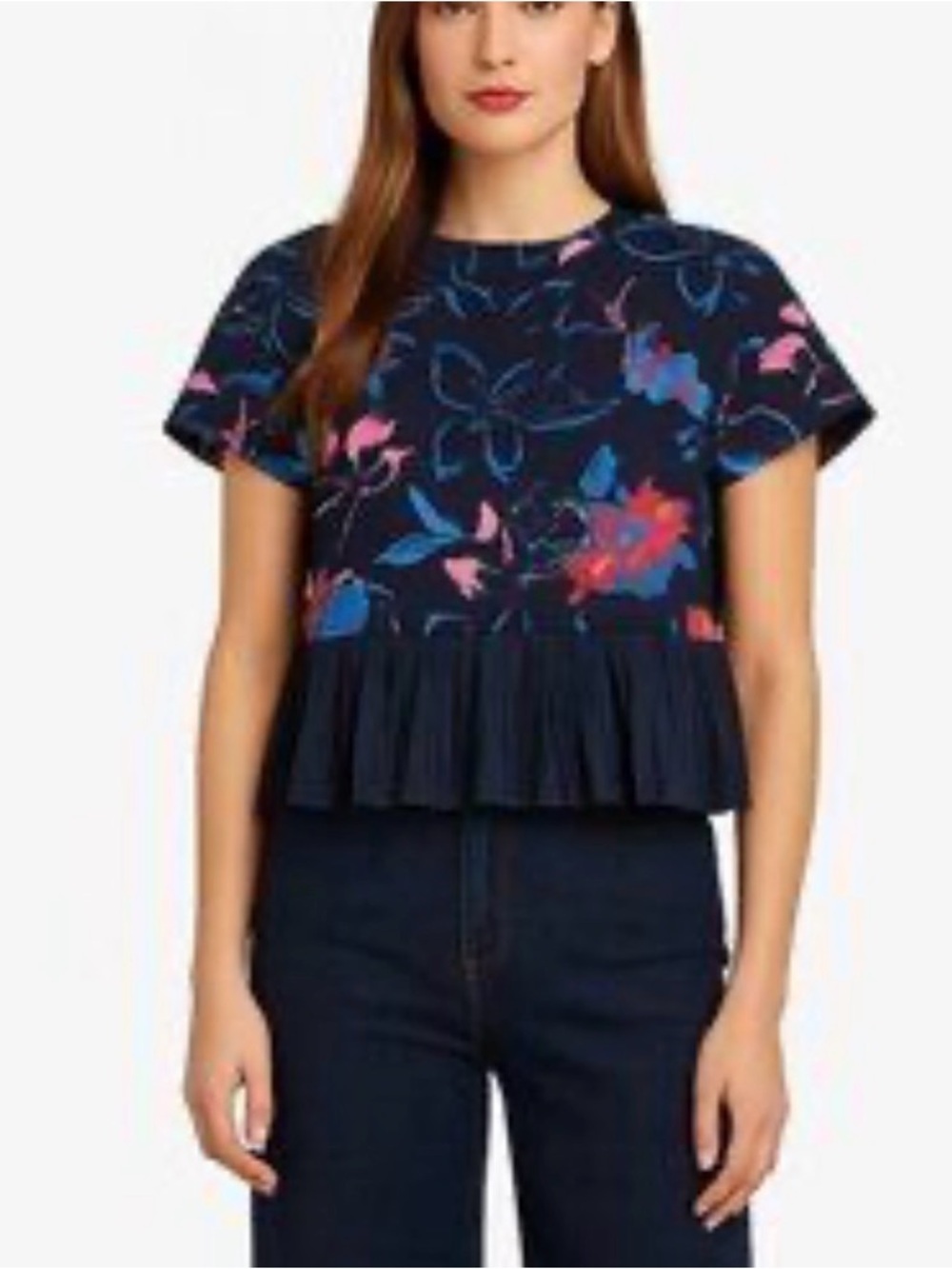 SUNO Black Floral Pleated Hem Top - Pink & Blue Accent